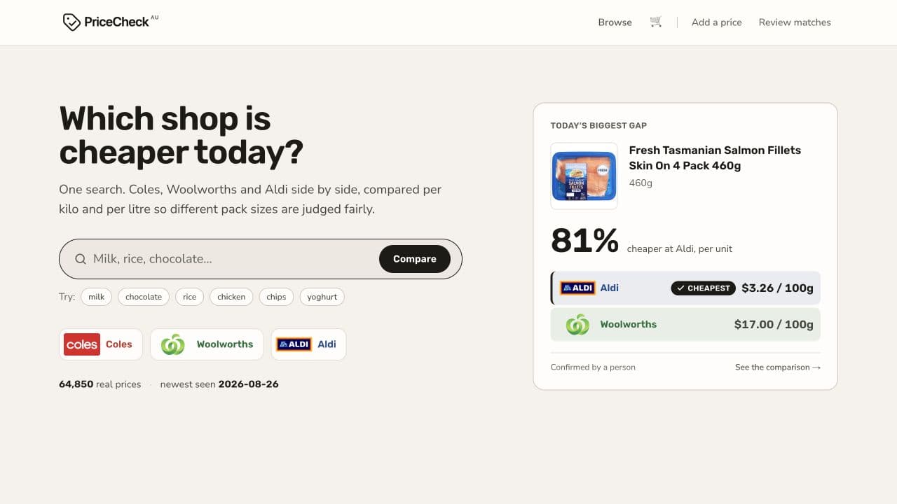 PriceCheck AU app interface